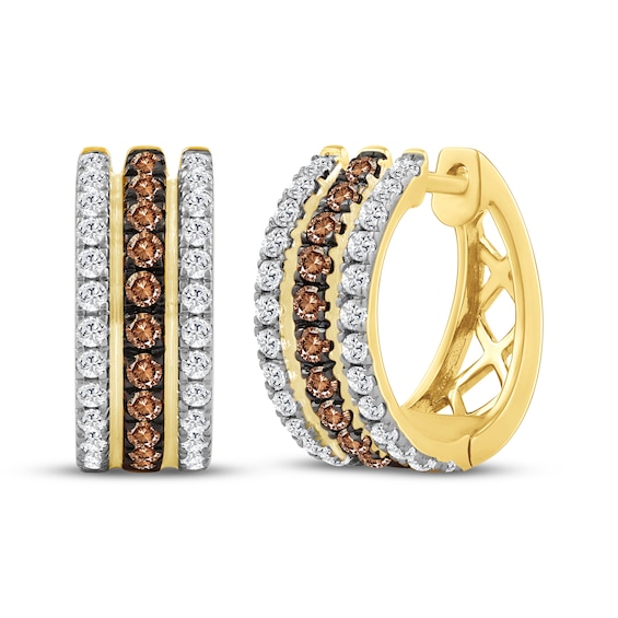 Brown & White Diamond Three-Row Hoop Earrings 1 ct tw 10K Yellow Gold