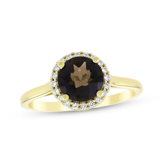 Smoky Quartz & White Lab-Created Sapphire Halo Ring 24K Yellow Gold Vermeil Sterling Silver