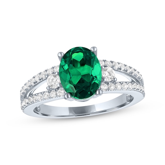 Oval-Cut Lab-Created Emerald & White Lab-Created Sapphire Ring Sterling Silver