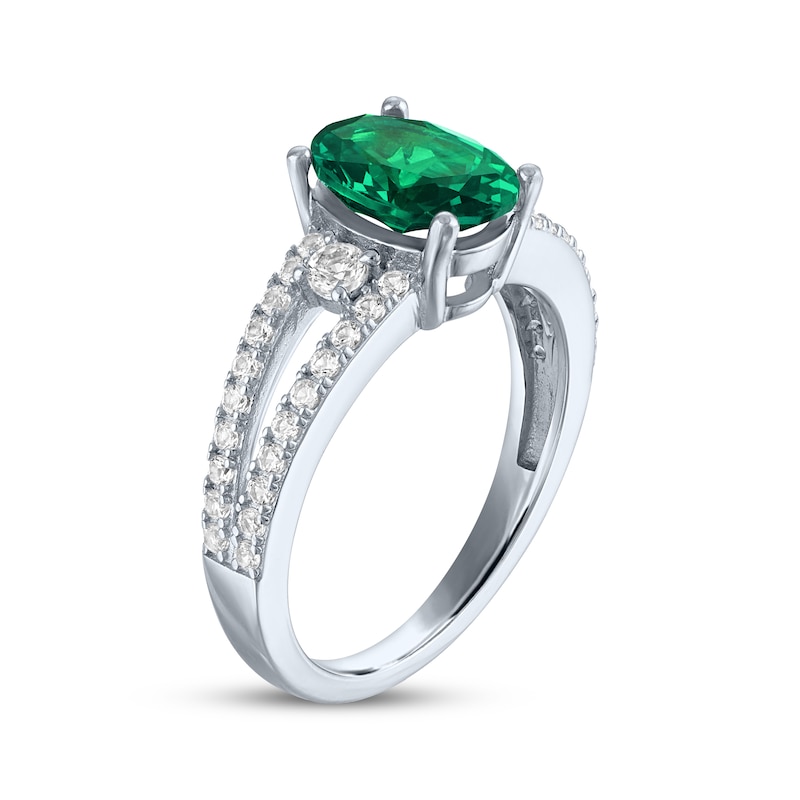 Main Image 2 of Oval-Cut Lab-Created Emerald & White Lab-Created Sapphire Ring Sterling Silver
