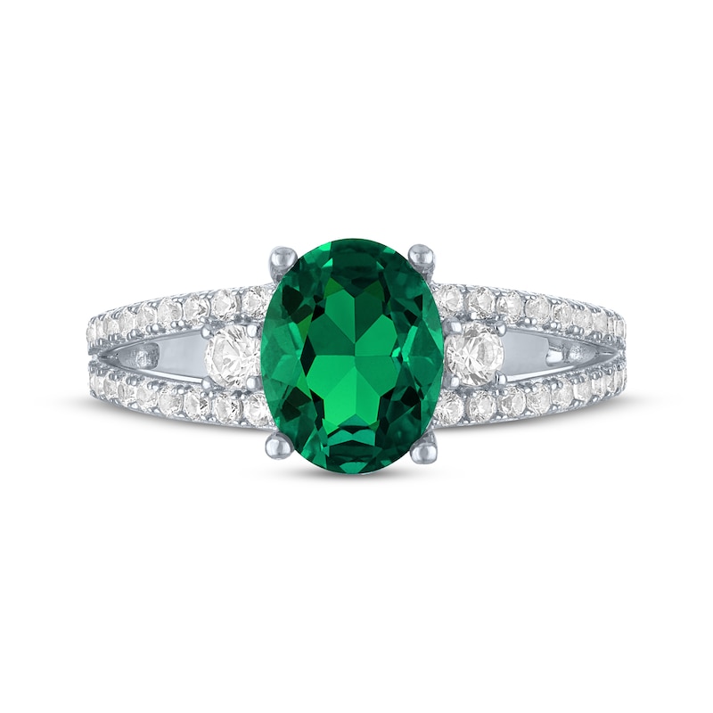 Main Image 3 of Oval-Cut Lab-Created Emerald & White Lab-Created Sapphire Ring Sterling Silver