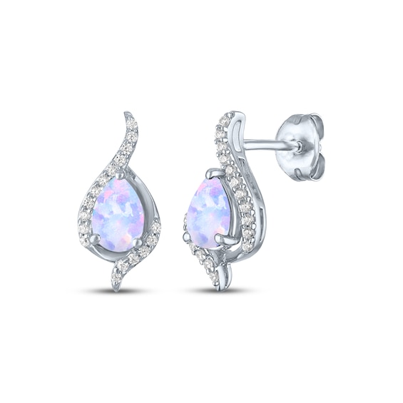 Pear-Shaped Lab-Created Opal & White Lab-Created Sapphire Drop Earrings Sterling Silver