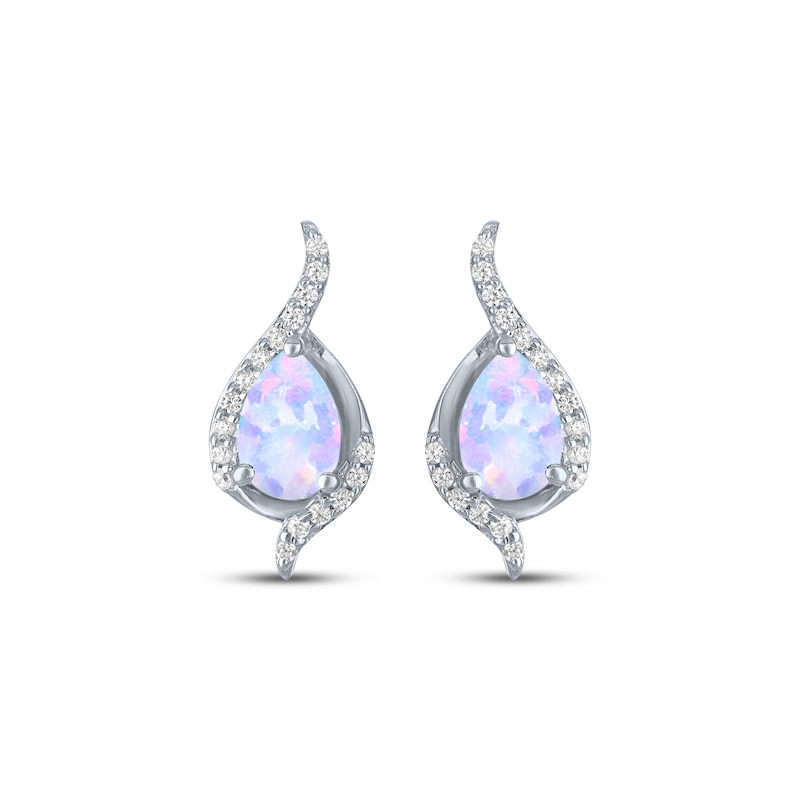 Main Image 2 of Pear-Shaped Lab-Created Opal & White Lab-Created Sapphire Drop Earrings Sterling Silver