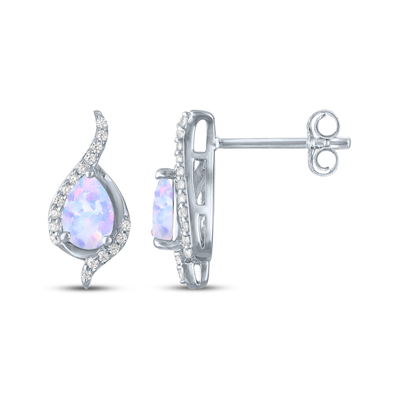 Main Image 3 of Pear-Shaped Lab-Created Opal & White Lab-Created Sapphire Drop Earrings Sterling Silver