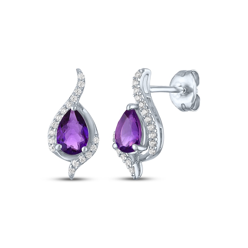 Main Image 1 of Pear-Shaped Amethyst & White Lab-Created Sapphire Drop Earrings Sterling Silver