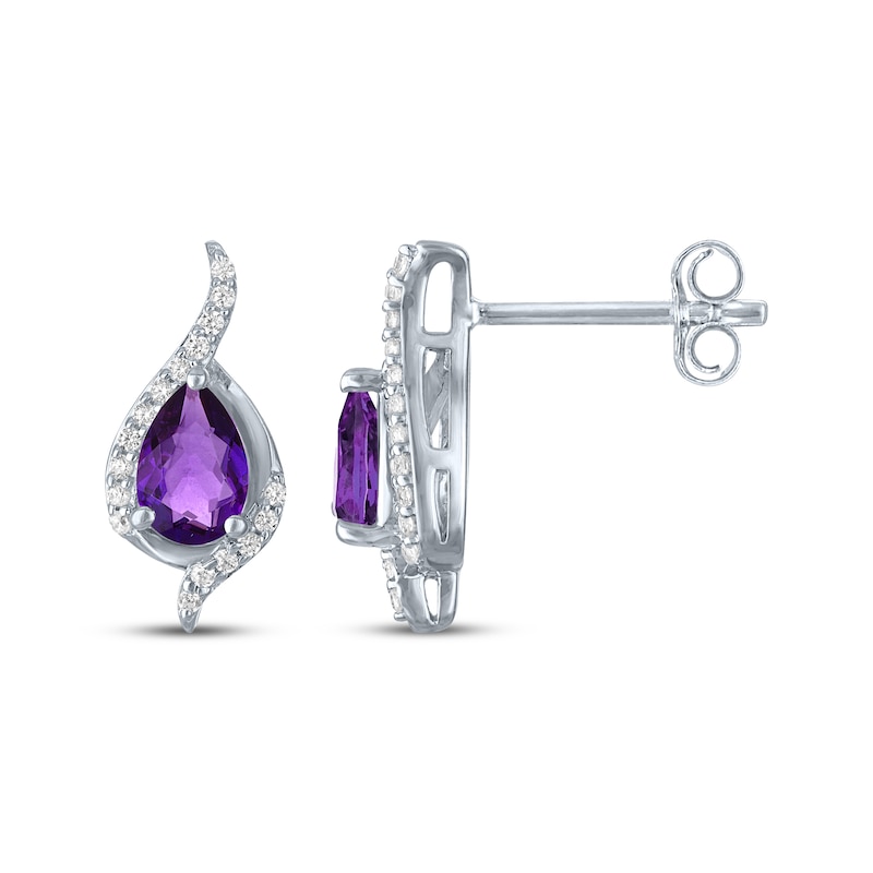 Main Image 3 of Pear-Shaped Amethyst & White Lab-Created Sapphire Drop Earrings Sterling Silver