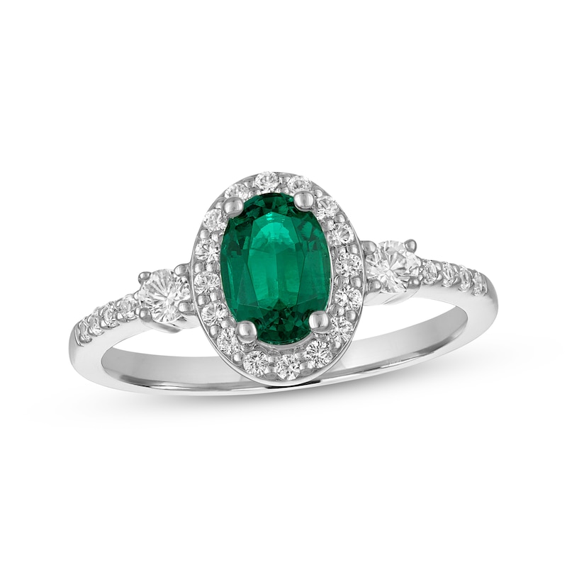 Main Image 1 of Oval-Cut Lab-Created Emerald & White Lab-Created Sapphire Ring Sterling Silver