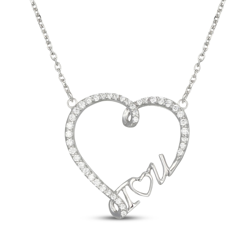 Main Image 1 of White Lab-Created Sapphire & Heart Message Necklace Sterling Silver 18"