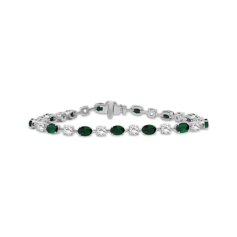 Main Image 1 of Oval-Cut Lab-Created Emerald & White Lab-Created Sapphire Bracelet Sterling Silver 7.5"