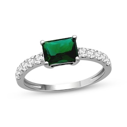 Emerald-Cut Lab-Created Emerald & White Lab-Created Sapphire Ring Sterling Silver