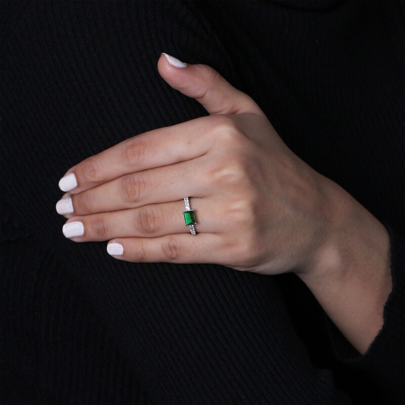 Main Image 3 of Emerald-Cut Lab-Created Emerald & White Lab-Created Sapphire Ring Sterling Silver