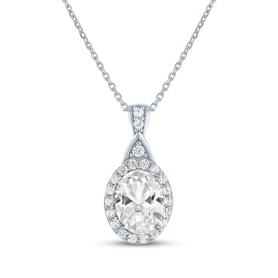 Oval-Cut White Lab-Created Sapphire Halo Necklace Sterling Silver 16.27"