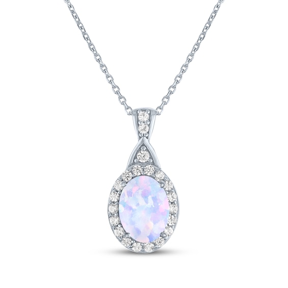 Oval-Cut Lab-Created Opal & White Lab-Created Sapphire Halo Necklace Sterling Silver 16.27"