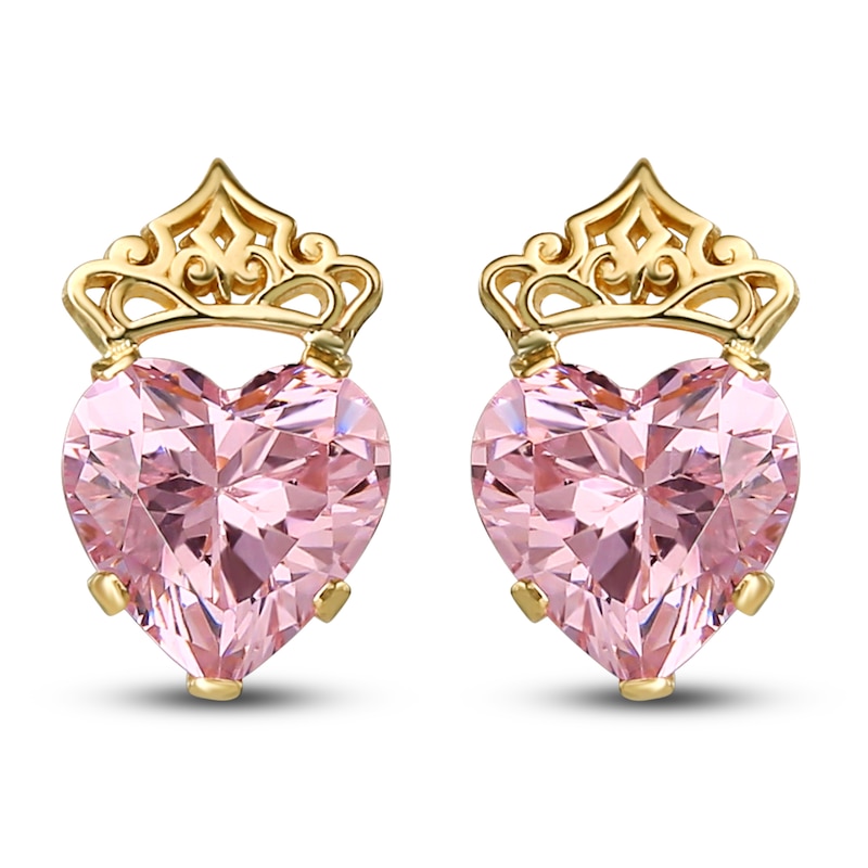Main Image 2 of Children's Heart with Crown Pink Cubic Zirconia Stud Earrings 14K Yellow Gold