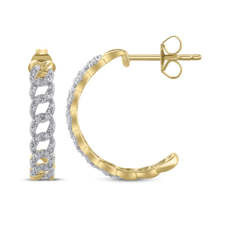 Main Image 3 of Diamond Cuban Curb Chain-Style Open Hoop Earrings 1/10 ct tw 10K Yellow Gold