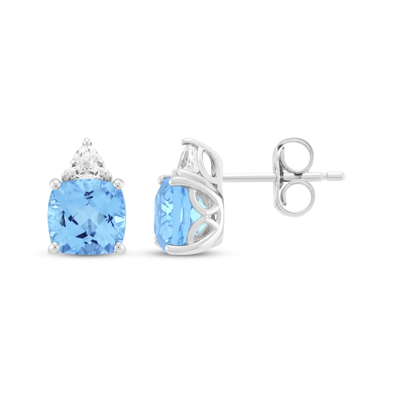 Main Image 3 of Cushion-Cut Swiss Blue Topaz & White Lab-Created Sapphire Stud Earrings Sterling Silver