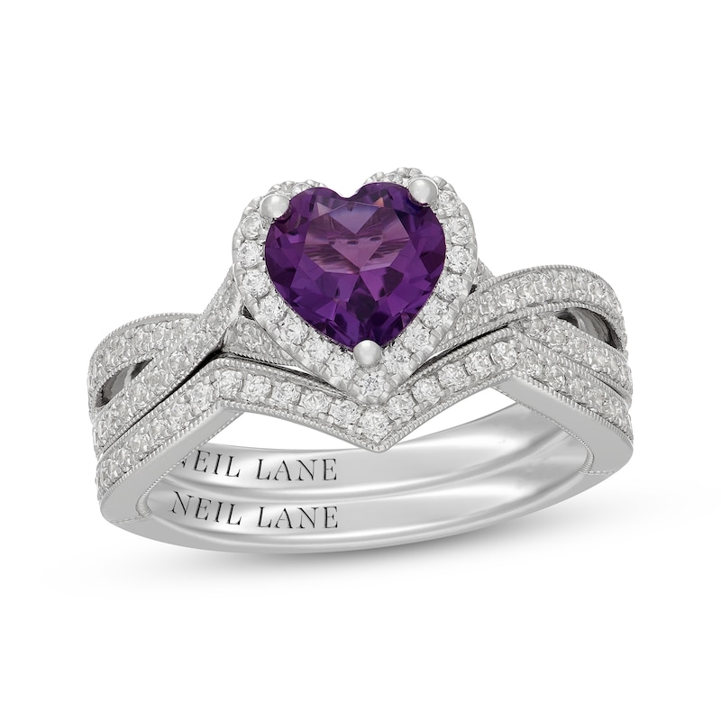 Main Image 1 of Neil Lane Heart-Shaped Amethyst & Diamond Halo Bridal Set 1/2 ct tw 14K White Gold