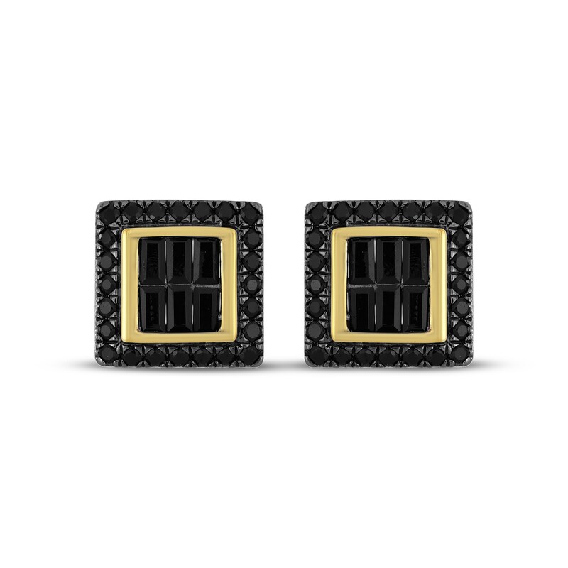 Main Image 2 of Men's Round & Baguette-Cut Black Diamond Square Stud Earrings 1 ct tw 10K Yellow Gold