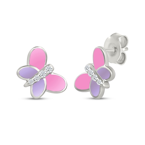 Diamond & Enamel Butterfly Stud Earrings 1/15 ct tw Sterling Silver