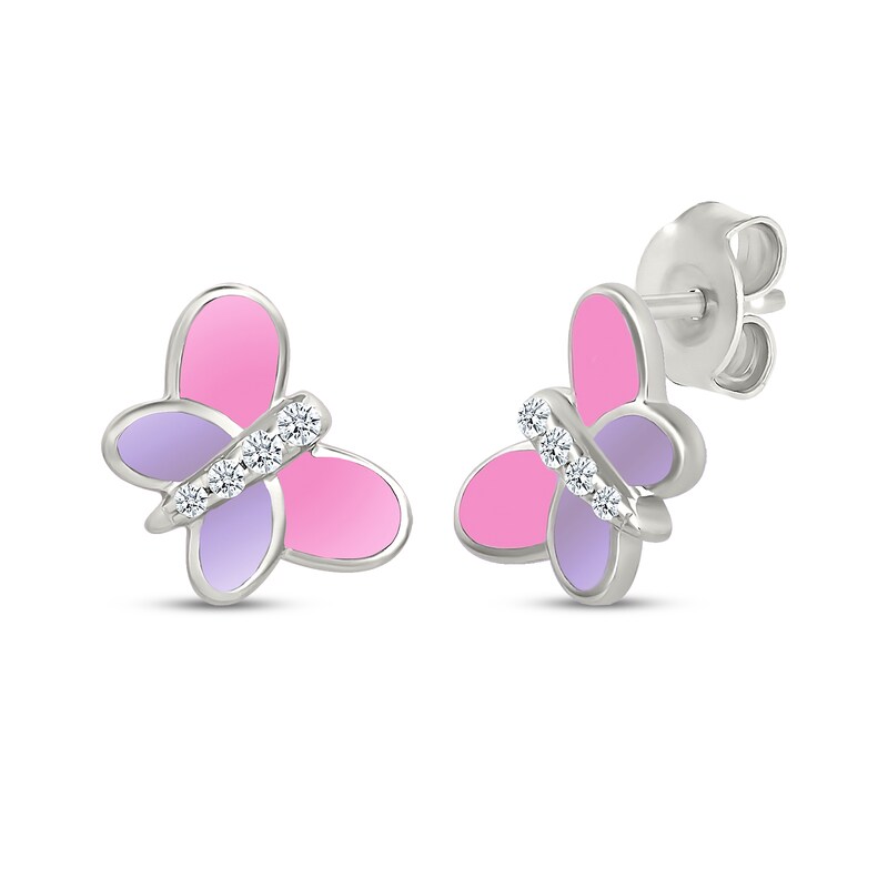 Main Image 1 of Diamond & Enamel Butterfly Stud Earrings 1/15 ct tw Sterling Silver