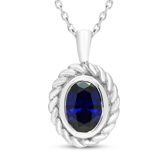 Oval-Cut Blue Lab-Created Sapphire Solitaire Twist Frame Necklace Sterling Silver 18"