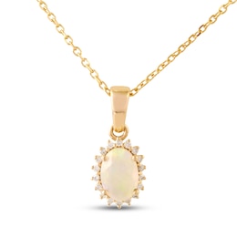 Oval-Cut Opal & Diamond Sunburst Halo Necklace 1/15 ct tw 10K Yellow Gold 18"