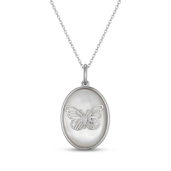 Mother-of-Pearl Butterfly Oval Locket Necklace Sterling Silver 18"