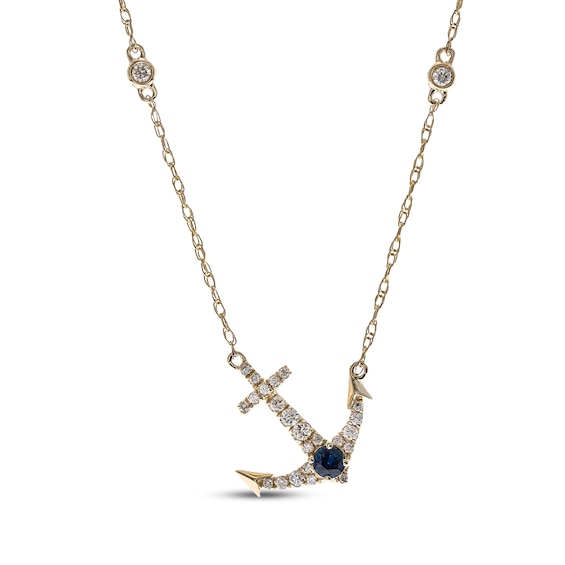 Blue Sapphire & Diamond Anchor Necklace 1/4 ct tw 10K Yellow Gold 18"