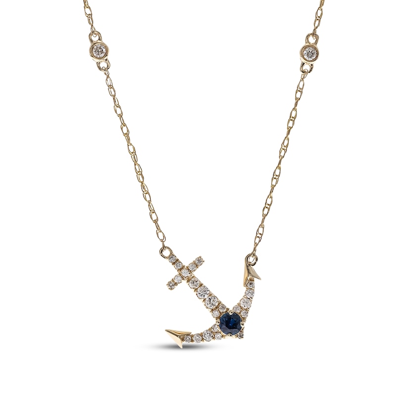 Main Image 1 of Blue Sapphire & Diamond Anchor Necklace 1/4 ct tw 10K Yellow Gold 18"