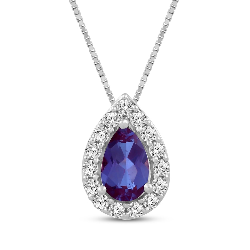 Main Image 1 of Pear-Shaped Lab-Created Alexandrite & White Lab-Created Sapphire Halo Necklace Sterling Silver 18"