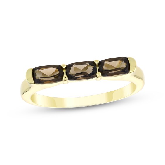 Cushion-Cut Smoky Quartz Three-Stone Ring 24K Yellow Gold Vermeil Sterling Silver