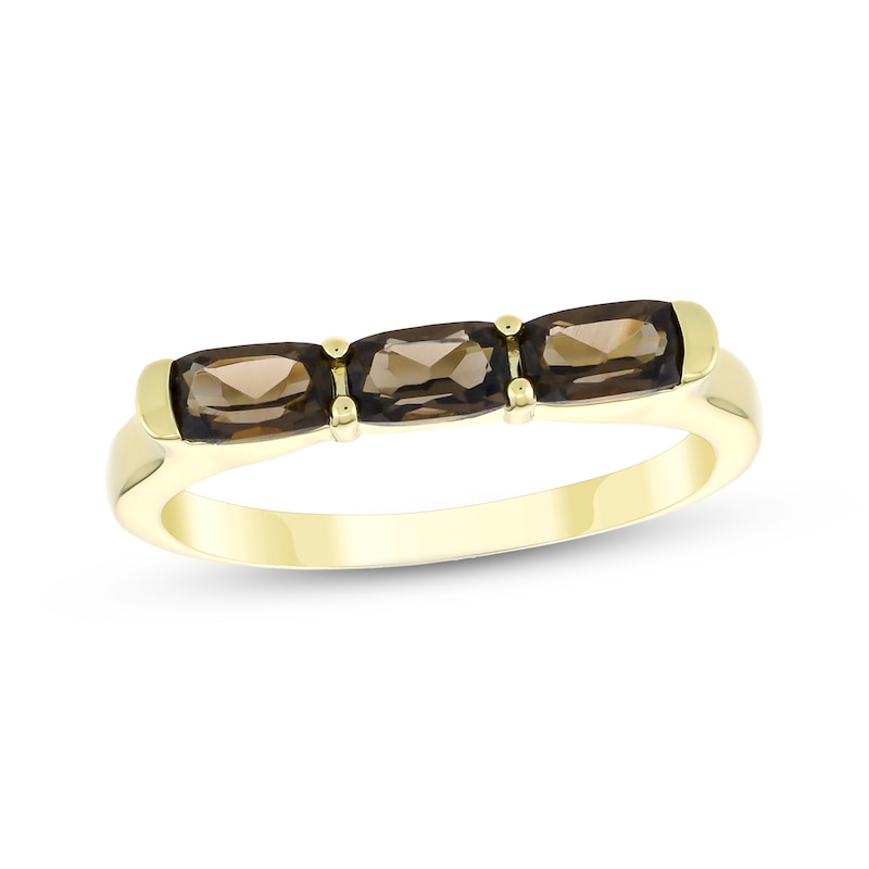 Main Image 1 of Cushion-Cut Smoky Quartz Three-Stone Ring 24K Yellow Gold Vermeil Sterling Silver