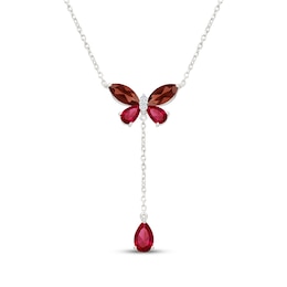 Garnet, Lab-Created Ruby & White Lab-Created Sapphire Butterfly Drop Necklace Sterling Silver 18"