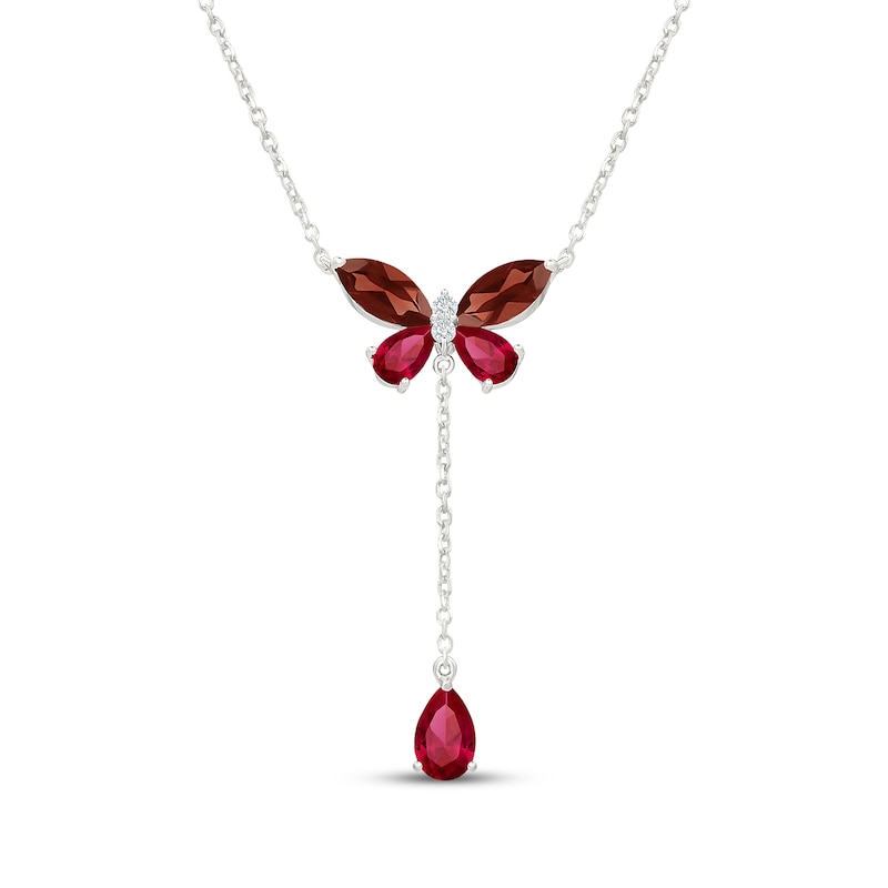 Main Image 1 of Garnet, Lab-Created Ruby & White Lab-Created Sapphire Butterfly Drop Necklace Sterling Silver 18"