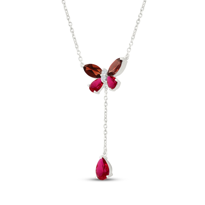 Main Image 2 of Garnet, Lab-Created Ruby & White Lab-Created Sapphire Butterfly Drop Necklace Sterling Silver 18"