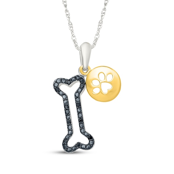 Black Diamond Dog Bone & Paw Print Charms Necklace 1/20 ct tw Sterling Silver & 10K Yellow Gold 18"