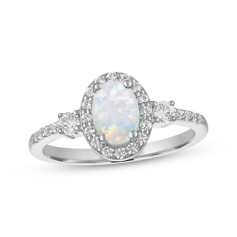 Main Image 1 of Oval-Cut Lab-Created Opal & White Lab-Created Sapphire Ring Sterling Silver