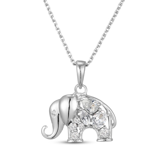 Multi-Shape White Lab-Created Sapphire Elephant Necklace Sterling Silver 18"