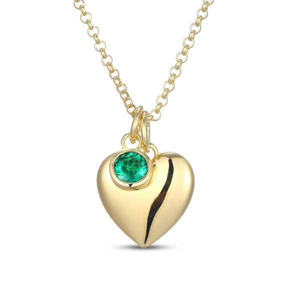 Lab-Created Emerald & Puff Heart Charm Toggle Necklace 24K Yellow Gold Vermeil Sterling Silver 18"
