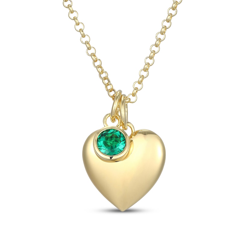 Main Image 1 of Lab-Created Emerald & Puff Heart Charm Toggle Necklace 24K Yellow Gold Vermeil Sterling Silver 18"