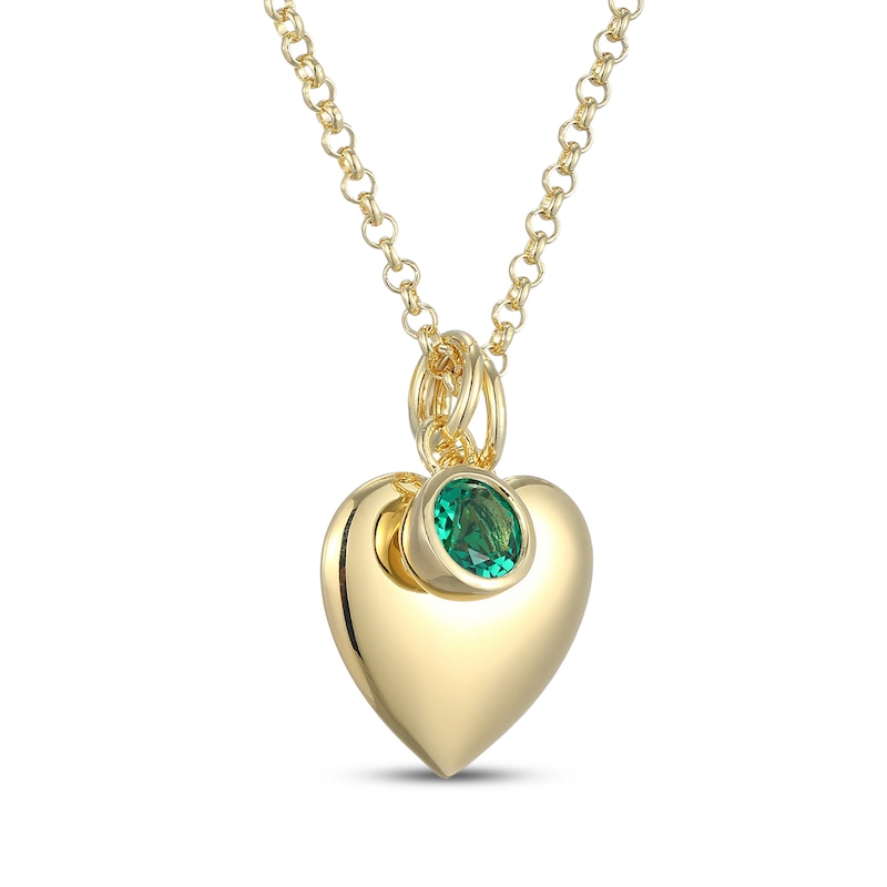 Main Image 2 of Lab-Created Emerald & Puff Heart Charm Toggle Necklace 24K Yellow Gold Vermeil Sterling Silver 18"