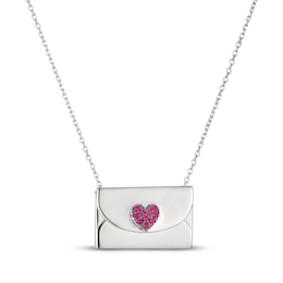 Lab-Created Ruby Heart Envelope & Hidden Message Necklace Sterling Silver 18"