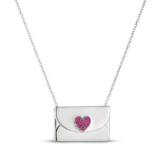 Lab-Created Ruby Heart Envelope & Hidden Message Necklace Sterling Silver 18"