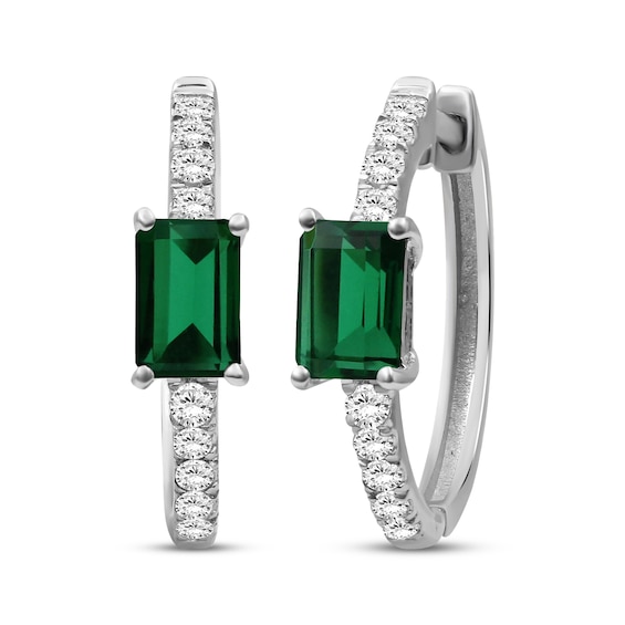 Emerald-Cut Lab-Created Emerald & White Lab-Created Sapphire Hoop Earrings Sterling Silver
