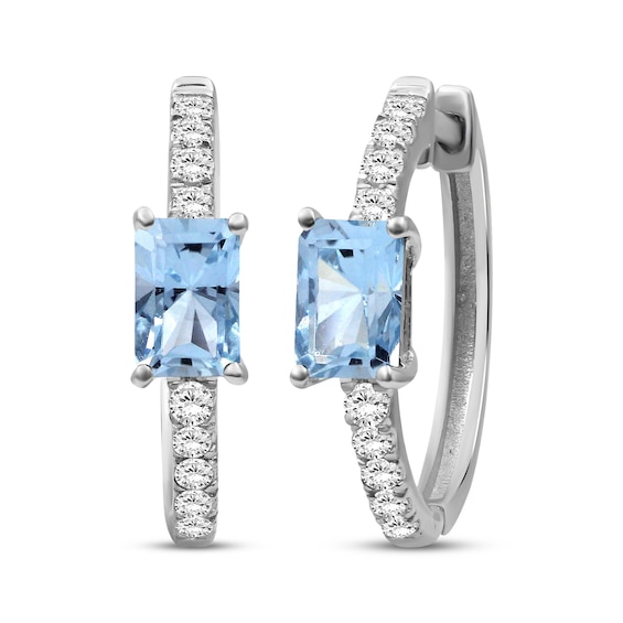 Emerald-Cut Swiss Blue Topaz & White Lab-Created Sapphire Hoop Earrings Sterling Silver