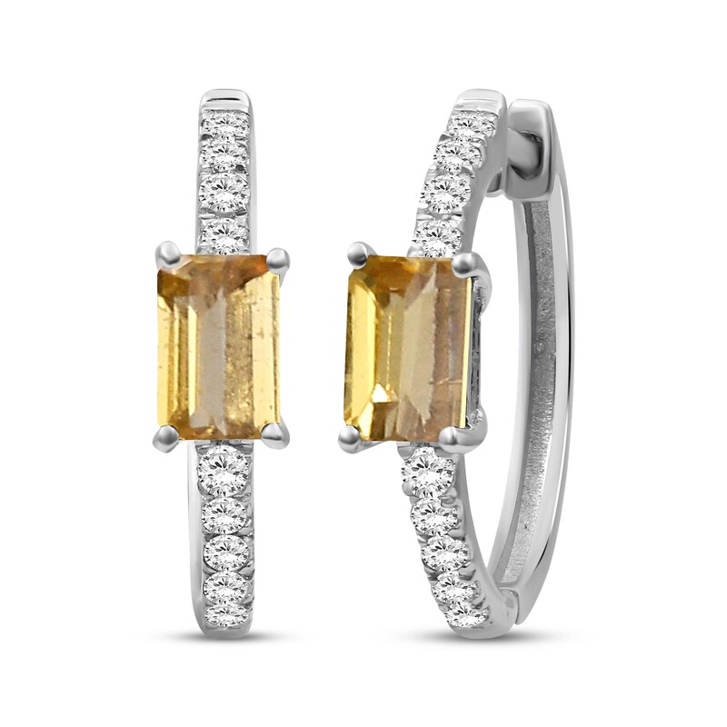 Main Image 1 of Emerald-Cut Citrine & White Lab-Created Sapphire Hoop Earrings Sterling Silver