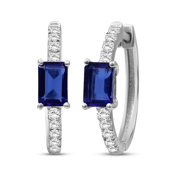 Emerald-Cut Blue Lab-Created Sapphire & White Lab-Created Sapphire Hoop Earrings Sterling Silver