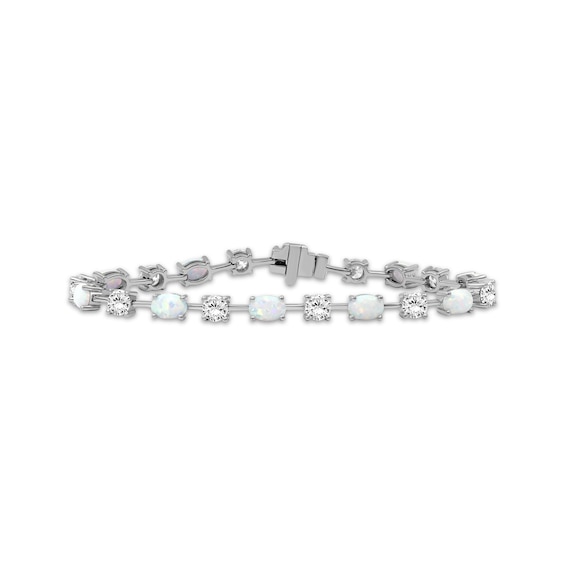 Oval-Cut Lab-Created Opal & White Lab-Created Sapphire Bracelet Sterling Silver 7.5"