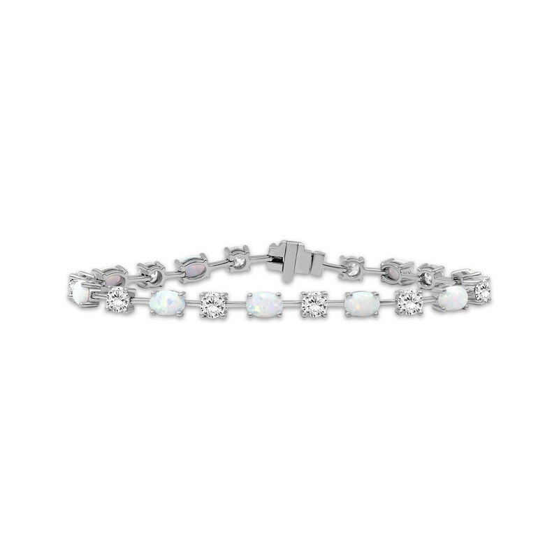 Main Image 1 of Oval-Cut Lab-Created Opal & White Lab-Created Sapphire Bracelet Sterling Silver 7.5"