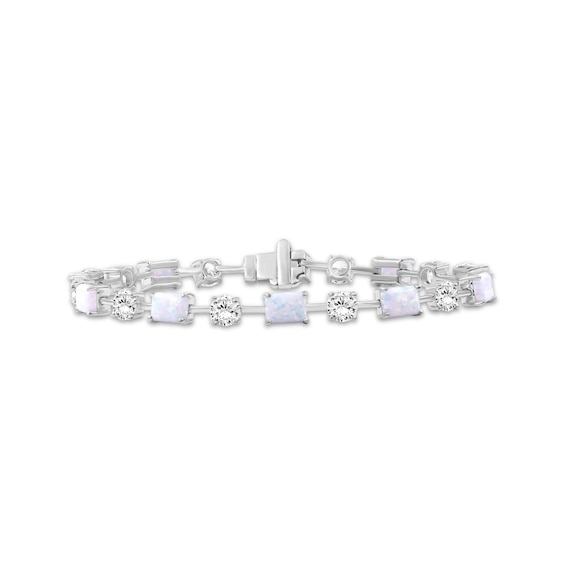 Emerald-Cut Lab-Created Opal & White Lab-Created Sapphire Bracelet Sterling Silver 7.5"